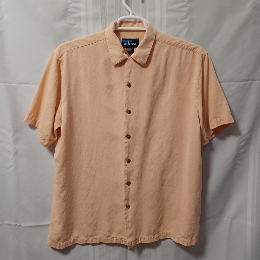 Adesso Button Up Shirt Mens L Peach Silk Tropical Jacquard Short Sleeve Camp